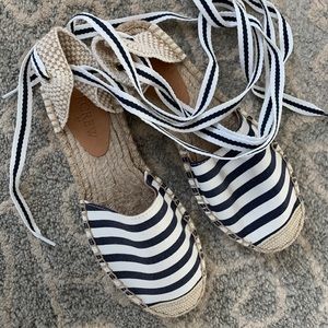 J. Crew Factory striped tie ankle espadrille navy white 5.5